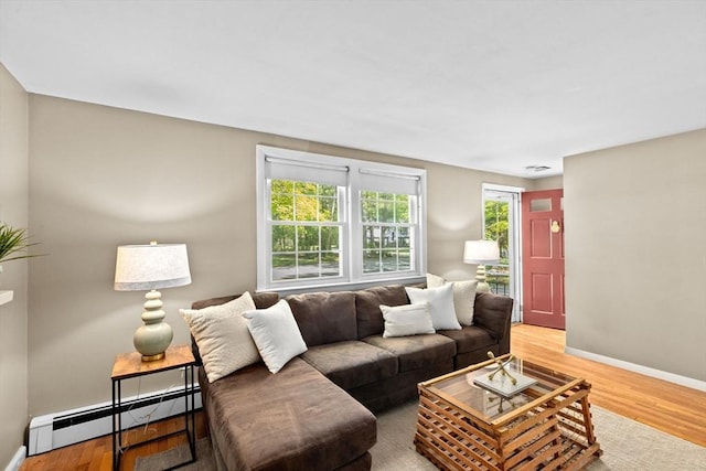 154 Mann Lot Rd, Scituate, MA 02066 - living area with a baseboard heating unit, wood finished floors, and baseboards