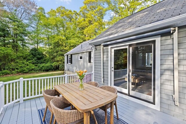 154 Mann Lot Rd, Scituate, MA 02066 - wooden deck with outdoor dining space and a yard