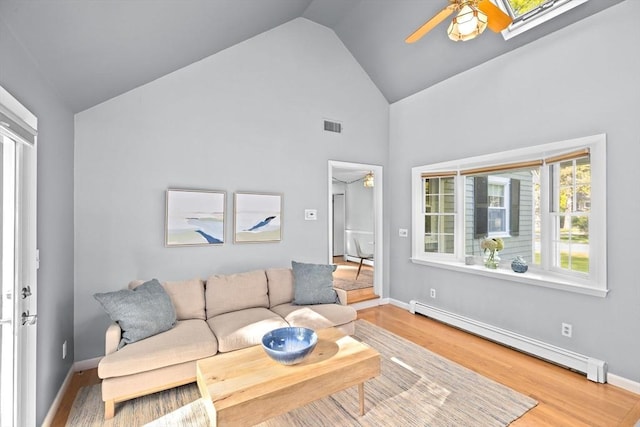 154 Mann Lot Rd, Scituate, MA 02066 - living area featuring a baseboard radiator, ceiling fan, wood finished floors, high vaulted ceiling, and baseboards