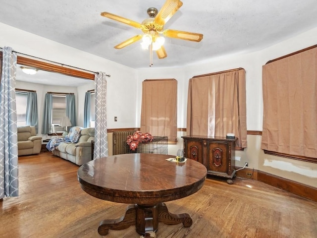 210-212 Brown St, Waltham, MA 02453 - dining space with wood finished floors, radiator, and a ceiling fan