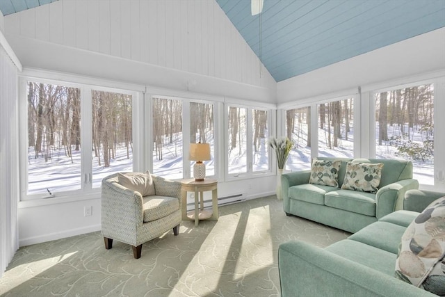 sunroom / solarium featuring lofted ceiling and a baseboard radiator