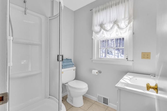 full bathroom with baseboards, visible vents, a stall shower, tile patterned floors, and toilet