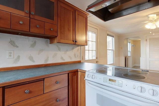 kitchen with electric range, ceiling fan, range hood, and tasteful backsplash