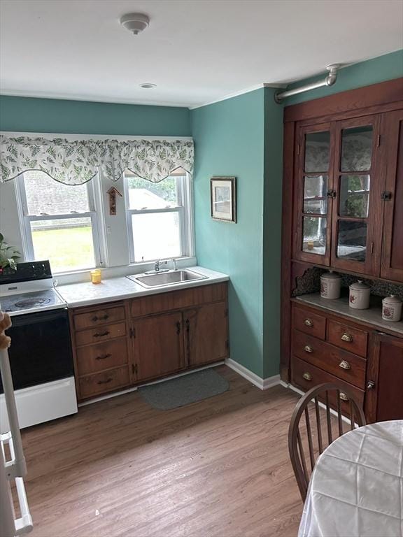 286 Fisher St, Walpole, MA 02081 - kitchen featuring white electric range oven, light countertops, light wood finished floors, and glass insert cabinets