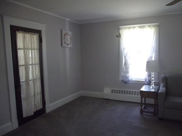 286 Fisher St, Walpole, MA 02081 - sitting room with radiator heating unit, crown molding, ceiling fan, and carpet flooring