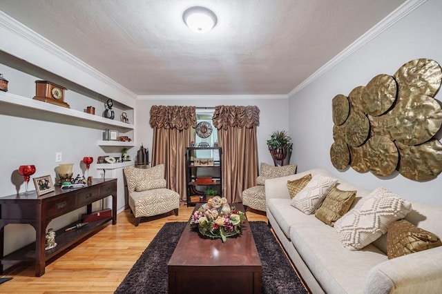 living room featuring light wood-type flooring and crown molding