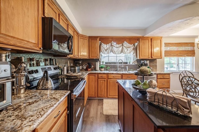 kitchen featuring electric stove, a sink, dark wood-style flooring, stone counters, and decorative backsplash