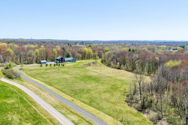 drone / aerial view with a rural view and a wooded view