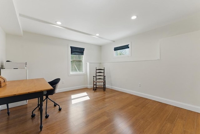 office space with baseboards, recessed lighting, and wood finished floors