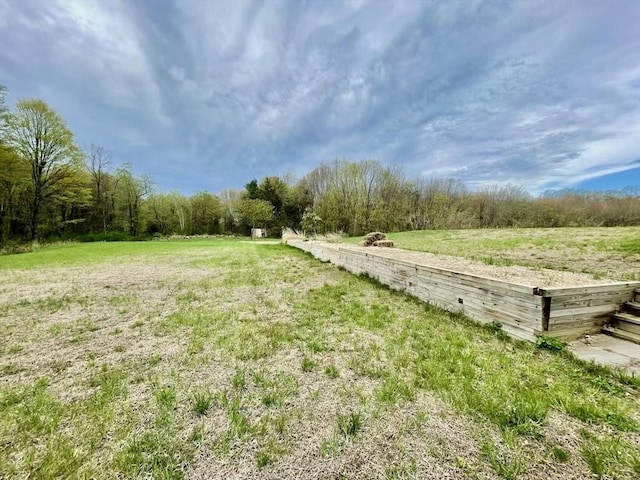 view of yard featuring a rural view and a wooded view