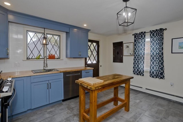 kitchen with stainless steel dishwasher, blue cabinetry, butcher block countertops, and a sink