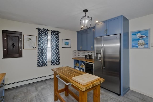 kitchen featuring backsplash, blue cabinetry, baseboard heating, stainless steel fridge with ice dispenser, and wine cooler