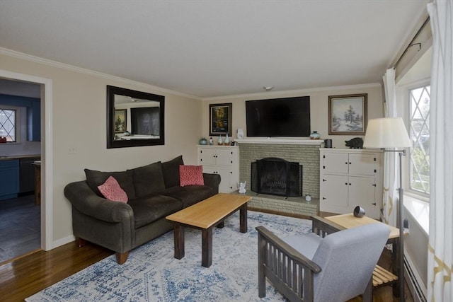 living area featuring crown molding, wood finished floors, a wealth of natural light, and baseboard heating