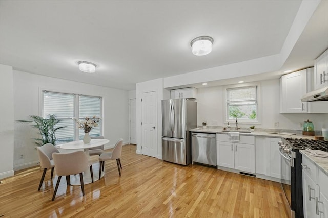 30 Balfour St, Boston, MA 02125 - kitchen with appliances with stainless steel finishes, a sink, white cabinets, and light wood-style floors