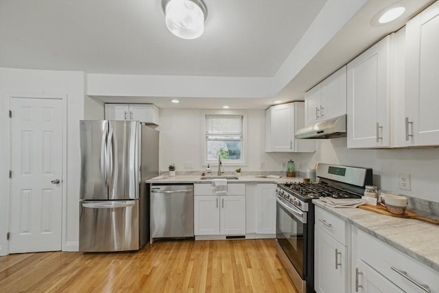 30 Balfour St, Boston, MA 02125 - kitchen with appliances with stainless steel finishes, under cabinet range hood, white cabinetry, a sink, and light wood-type flooring