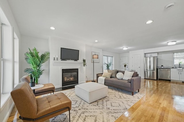 30 Balfour St, Boston, MA 02125 - living room featuring light wood-type flooring, a glass covered fireplace, and recessed lighting