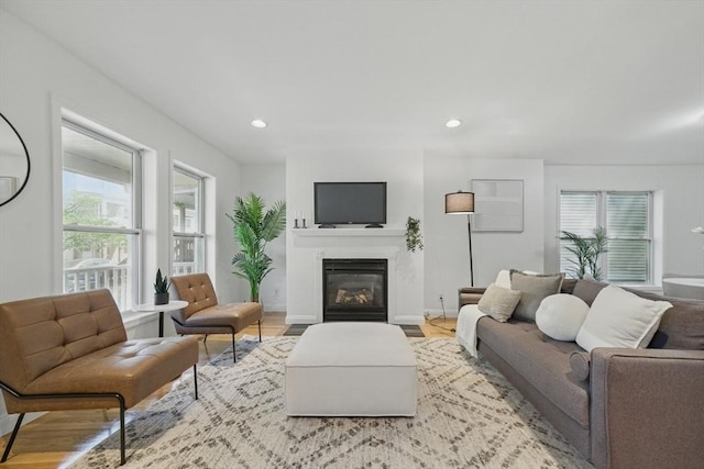 30 Balfour St, Boston, MA 02125 - living area featuring plenty of natural light, baseboards, a glass covered fireplace, recessed lighting, and wood finished floors