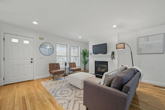 30 Balfour St, Boston, MA 02125 - living area with baseboards, light wood-type flooring, a glass covered fireplace, and recessed lighting