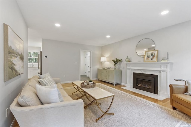 3 Misty Ln, Westford, MA 01886 - living area featuring light wood-style floors, a high end fireplace, recessed lighting, and baseboards
