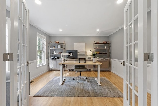 3 Misty Ln, Westford, MA 01886 - home office with french doors, crown molding, wood finished floors, recessed lighting, and baseboards