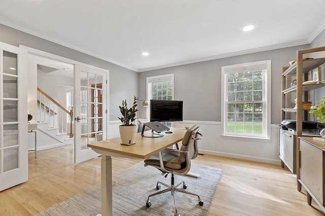3 Misty Ln, Westford, MA 01886 - office area featuring french doors, light wood-type flooring, a wainscoted wall, ornamental molding, and recessed lighting