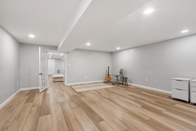 3 Misty Ln, Westford, MA 01886 - exercise room with light wood-type flooring, baseboards, recessed lighting, and french doors