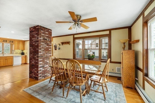 dining room featuring light wood finished floors, a healthy amount of sunlight, and a baseboard heating unit