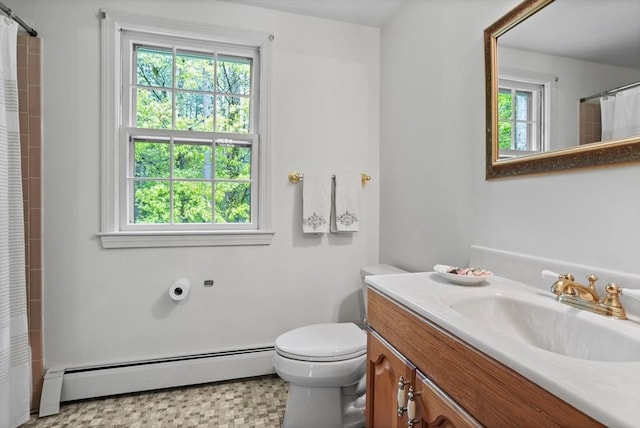 30 Juniper Cir, Concord, MA 01742 - full bathroom with baseboard heating, vanity, toilet, and curtained shower