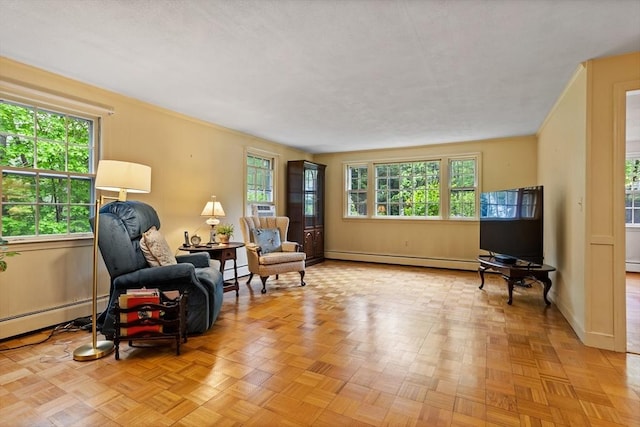 30 Juniper Cir, Concord, MA 01742 - living area with a baseboard radiator, healthy amount of natural light, and baseboards
