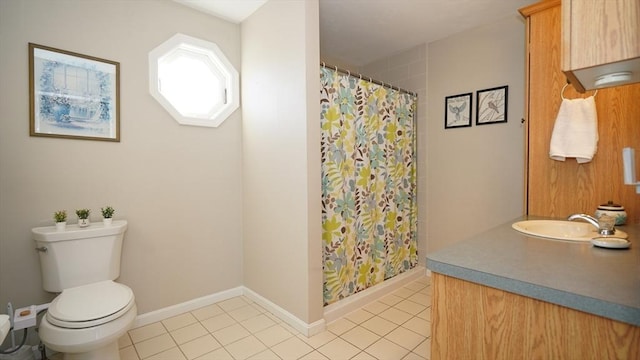 bathroom with tile patterned flooring, vanity, toilet, and a shower with shower curtain