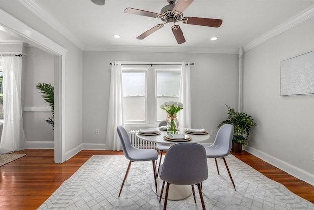 91 Freeman St, Newton, MA 02466 - dining space with wood finished floors, ceiling fan, ornamental molding, and recessed lighting