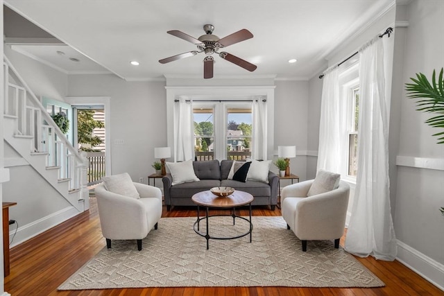 91 Freeman St, Newton, MA 02466 - living room featuring wood finished floors, stairway, crown molding, a ceiling fan, and recessed lighting
