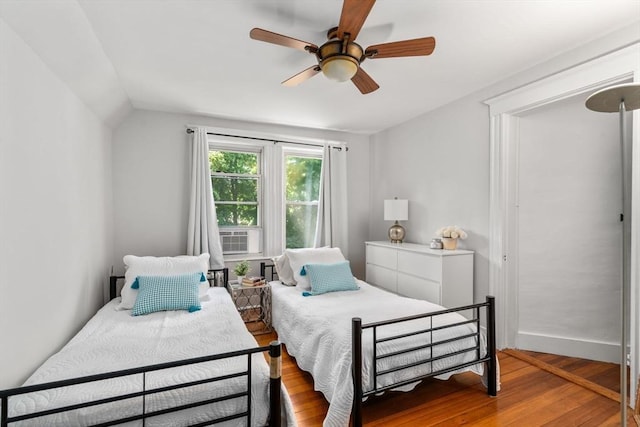 91 Freeman St, Newton, MA 02466 - bedroom with hardwood / wood-style floors, lofted ceiling, and a ceiling fan