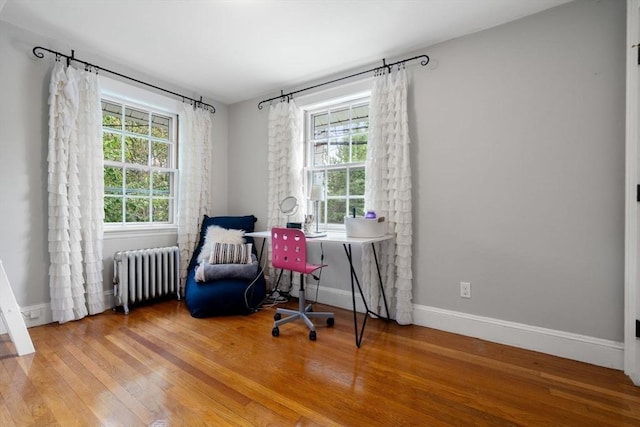 living area with baseboards, wood finished floors, and radiator