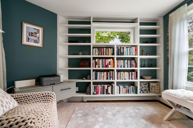 living area featuring built in shelves