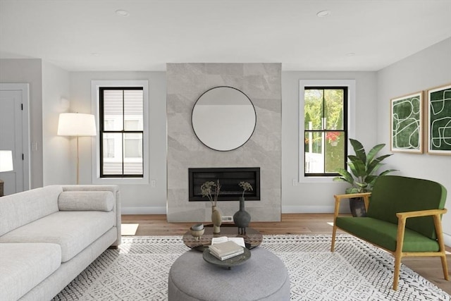 living room with a fireplace and light hardwood / wood-style floors