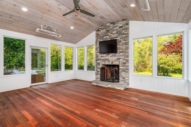 84 Bruce Rd, Concord, MA 01742 - unfurnished living room featuring a ceiling fan, vaulted ceiling, hardwood / wood-style flooring, plenty of natural light, and wood ceiling