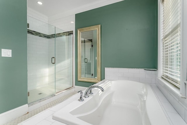 84 Bruce Rd, Concord, MA 01742 - bathroom featuring a stall shower, crown molding, a bathtub, tile patterned flooring, and recessed lighting