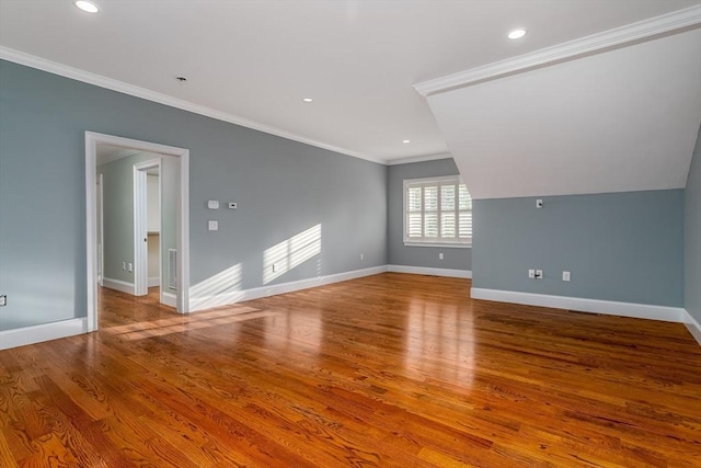 84 Bruce Rd, Concord, MA 01742 - unfurnished living room featuring ornamental molding, baseboards, wood finished floors, and recessed lighting