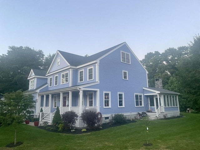 84 Bruce Rd, Concord, MA 01742 - view of side of home featuring covered porch, a chimney, and a lawn