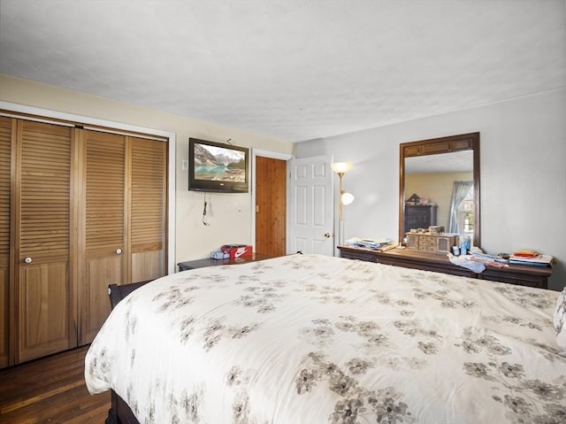 bedroom with dark wood-style floors and a closet