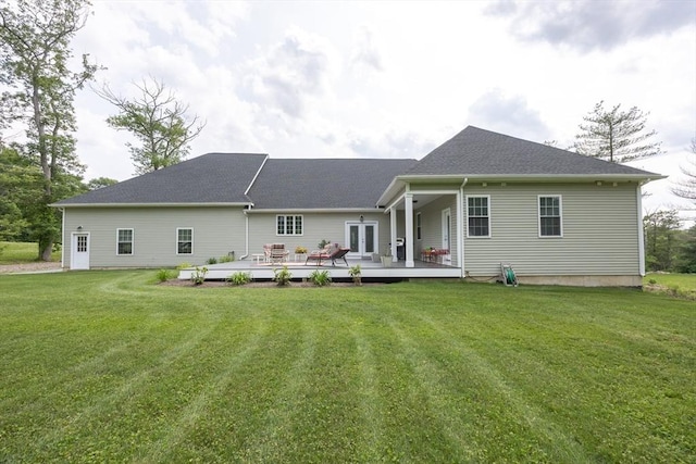 977 E St, Wrentham, MA 02093 - rear view of house with a yard, a wooden deck, french doors, and a shingled roof