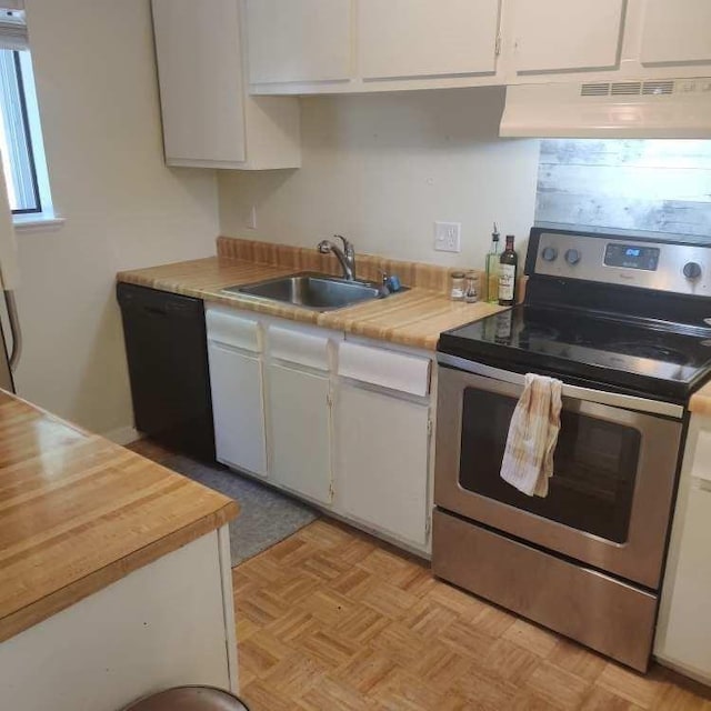 kitchen featuring electric range, a sink, light countertops, black dishwasher, and under cabinet range hood