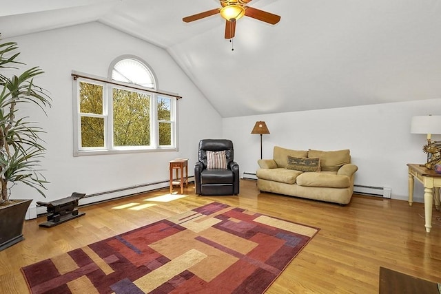 living room with a baseboard radiator, a ceiling fan, wood finished floors, and lofted ceiling