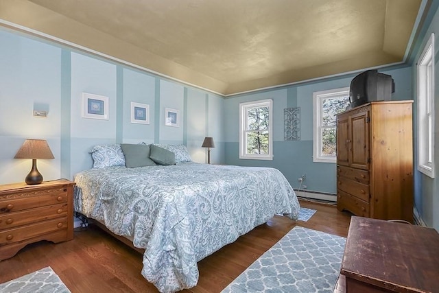 bedroom featuring baseboard heating and wood finished floors