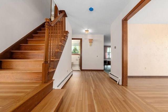24 Flume Rd, Gloucester, MA 01930 - stairs with baseboard heating, wood finished floors, and baseboards