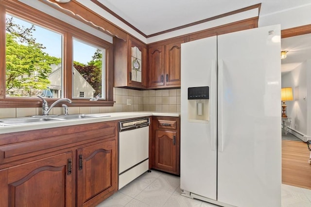 24 Flume Rd, Gloucester, MA 01930 - kitchen with white appliances, a sink, light countertops, baseboard heating, and tasteful backsplash