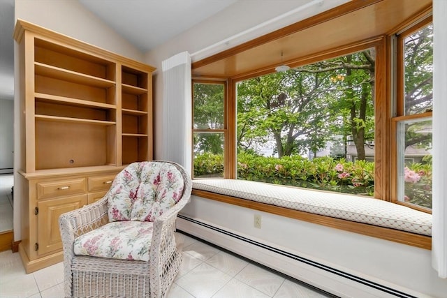 24 Flume Rd, Gloucester, MA 01930 - living area featuring a baseboard heating unit, light tile patterned flooring, and vaulted ceiling