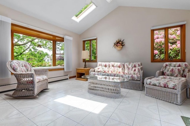 24 Flume Rd, Gloucester, MA 01930 - living room with vaulted ceiling, baseboard heating, a skylight, and light tile patterned flooring