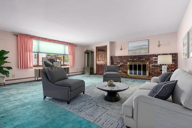24 Flume Rd, Gloucester, MA 01930 - living room with a baseboard radiator, carpet, and a fireplace